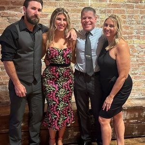 Black midi dress with hot pink and lime green flowers (wedding guest dress!)